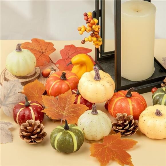 25Pcs Artificial Decor Set Assorted Fall Mini Pumpkin Decorations w Maple Leaves - Picture 4 of 7